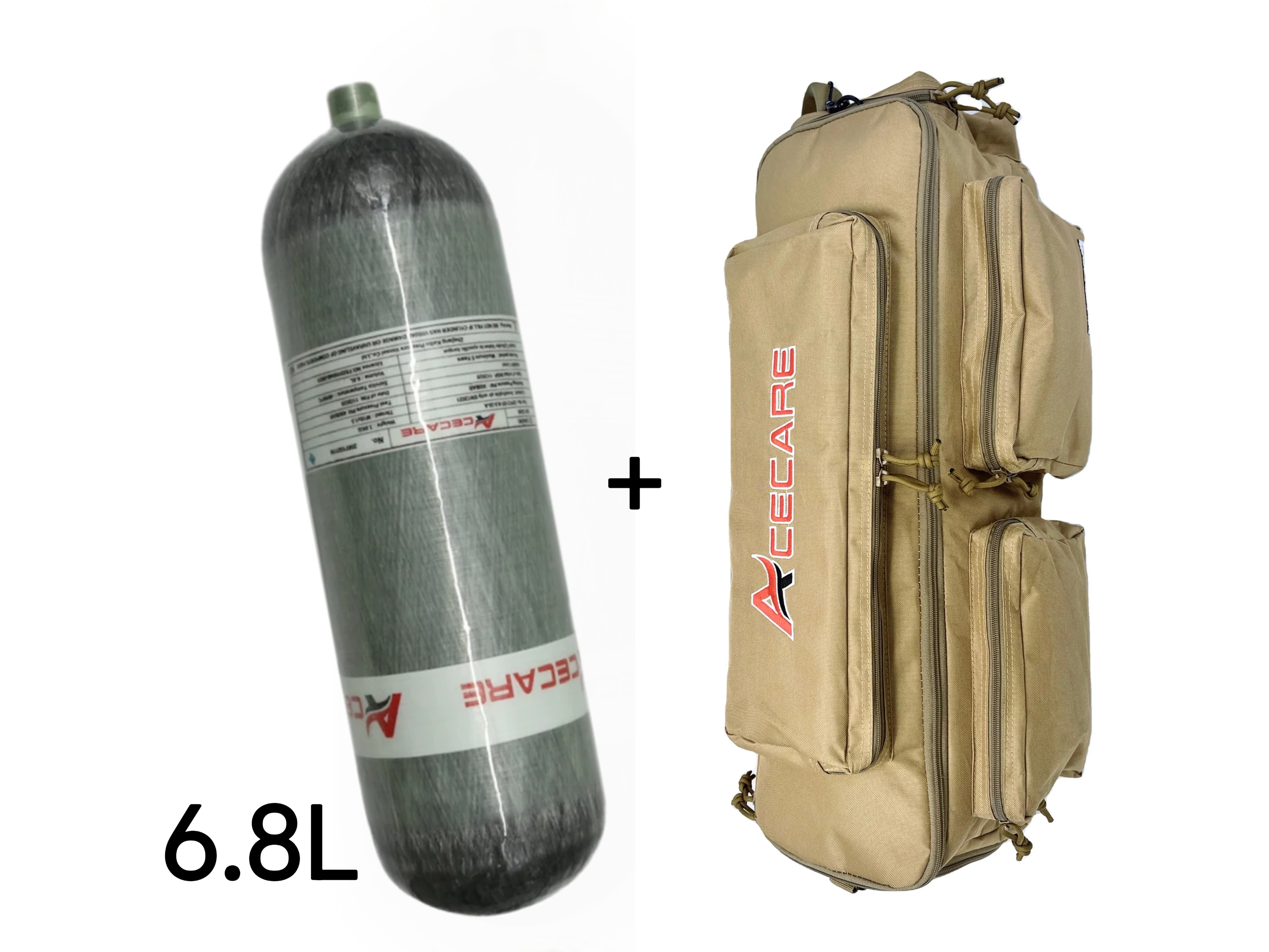 ACECARE 4500psi 6.8L Carbon Fiber Cylinder With Baggable Valve Khaki Bag 300Bar High Pressure HPA Cylinder for Scuba Diving
