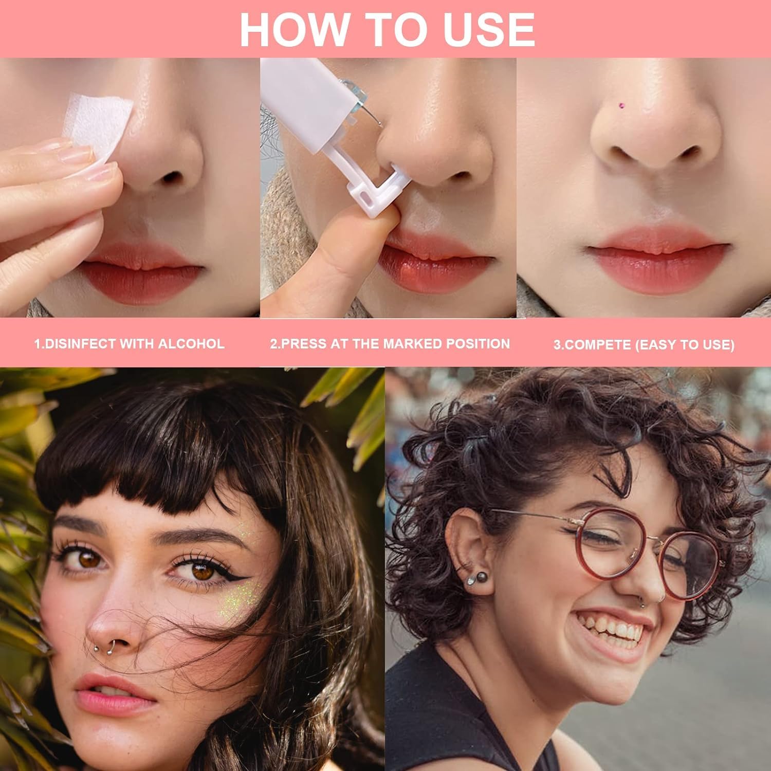 1PC Disposable Nose Piercing Gun Built-in Stainless Steel Nose Stud-Sterile Self Nose Piercing Kit Unit