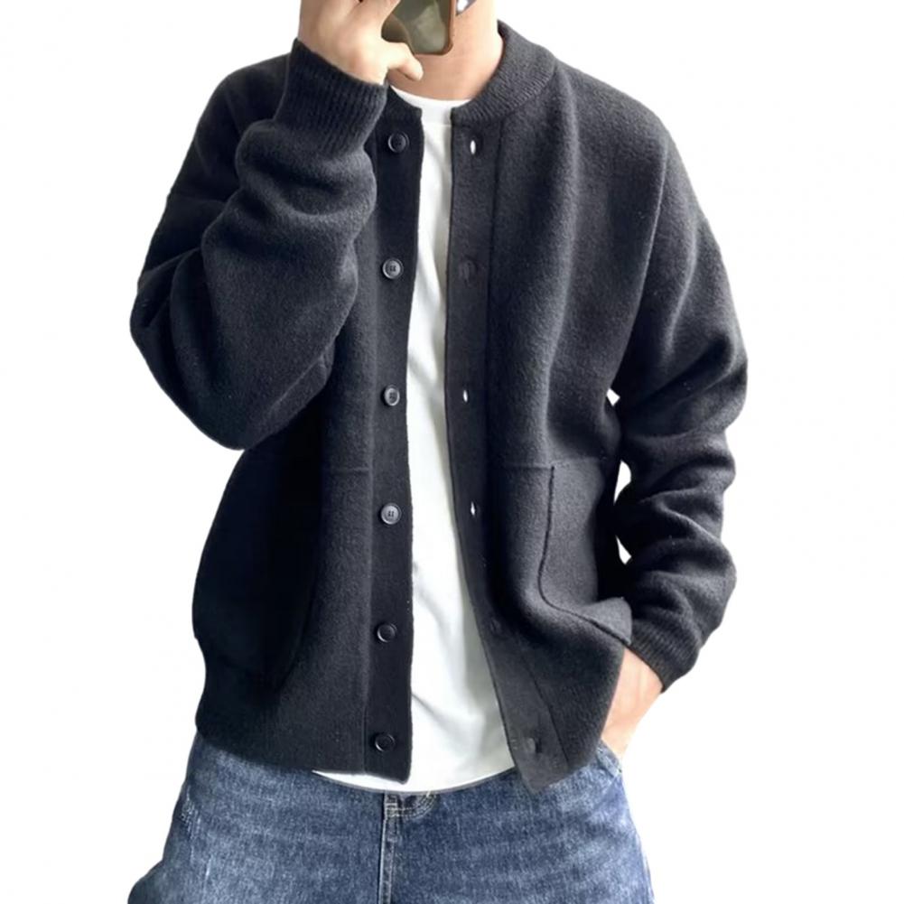 Camisola casaco masculino em torno do pescoço de malha cardigan camisola com fecho único breasted cor sólida casaco de manga longa para o calor