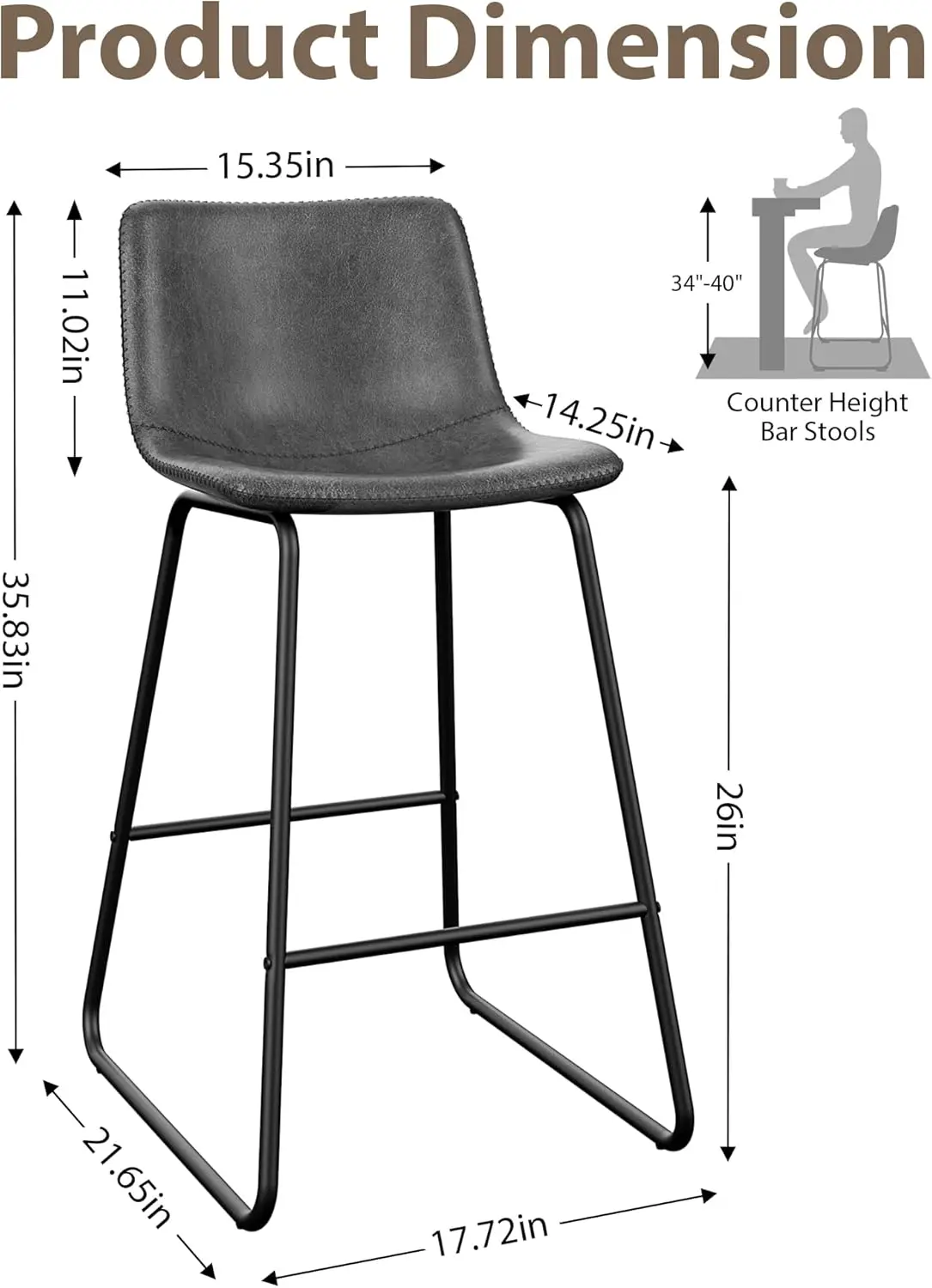 Bar Stools Set of 4, 26 Inches Counter Height Bar Stools with Back, Modern Faux Leather Barstools with Metal Legs and Footrest