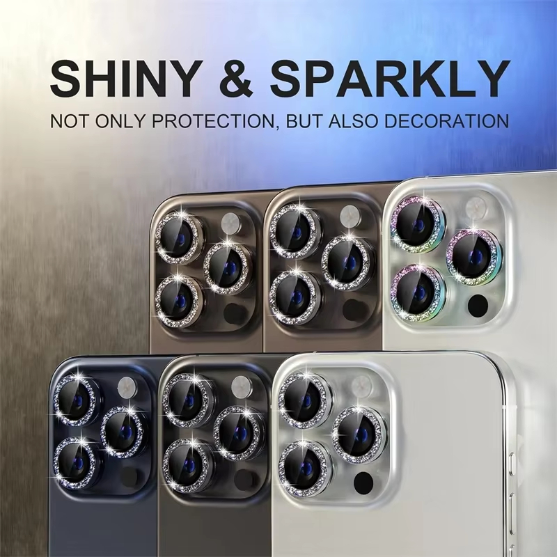 Protector de lente de cámara de diamante para iPhone 13, 11, 12, 14, 15, 16 Pro Max, Mini película protectora de lente trasera de Metal para iPhone 15 Plus