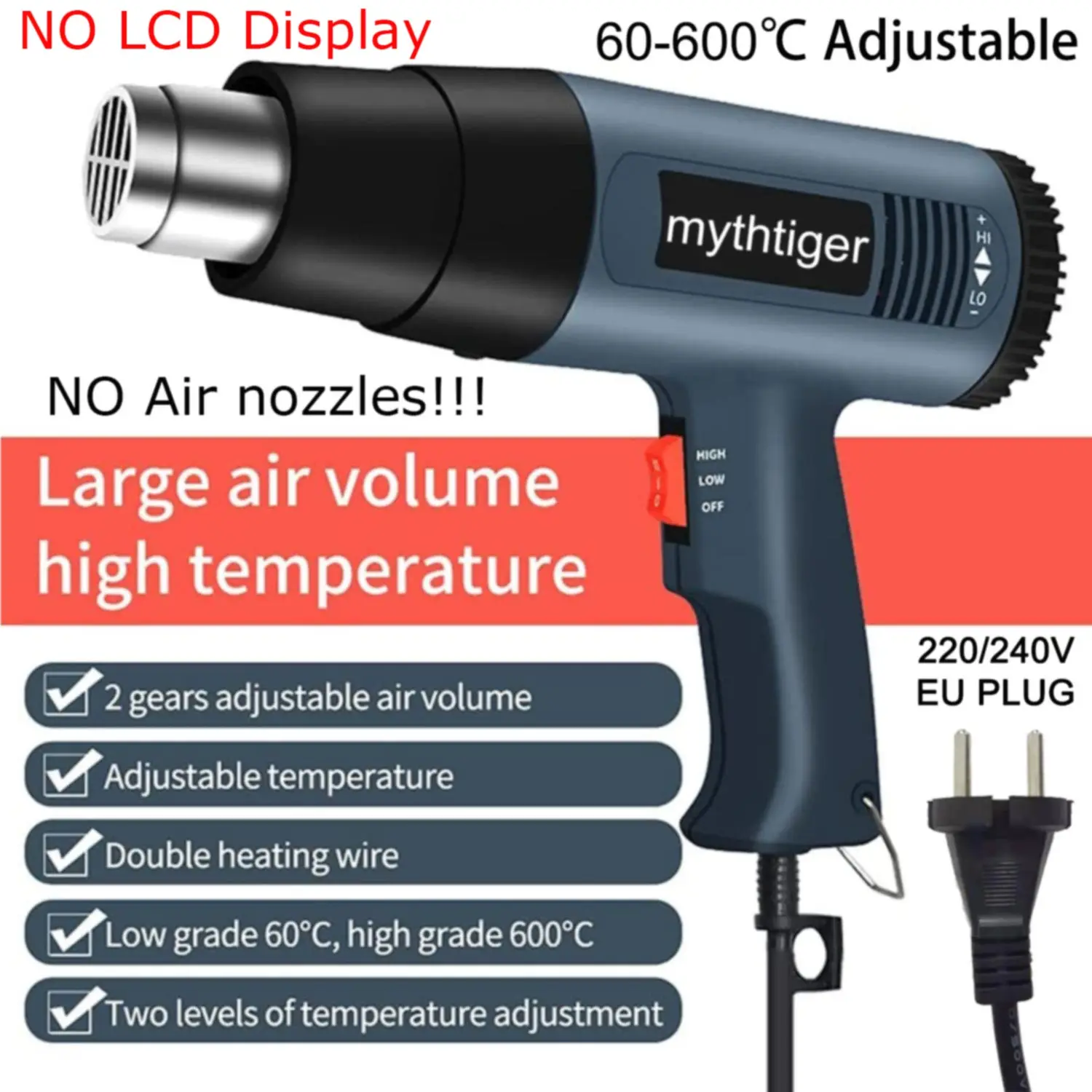2000Wヒートガン プロ仕様 熱風機 温度調節可能 60-600℃ 4種類のノズル DIY 塗装剥がし PVC縮小 家庭用