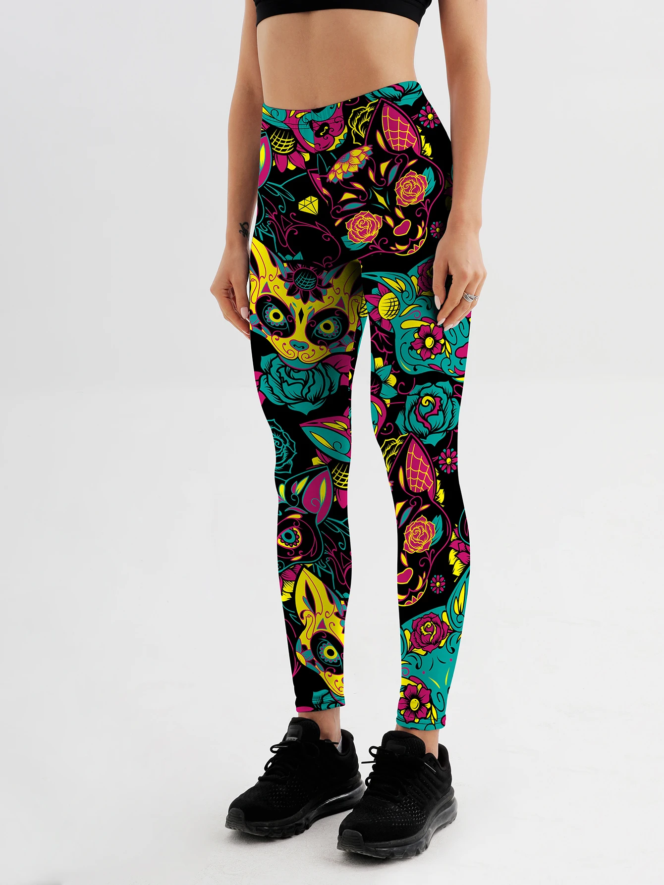 แฟชั่นผู้หญิงน่ารักแมวพิมพ์กางเกงขายาวสําหรับฟิตเนสเอวสูง GYM Legging Push Up ออกกําลังกายผู้หญิง Skull พิมพ์กางเกงขายาว