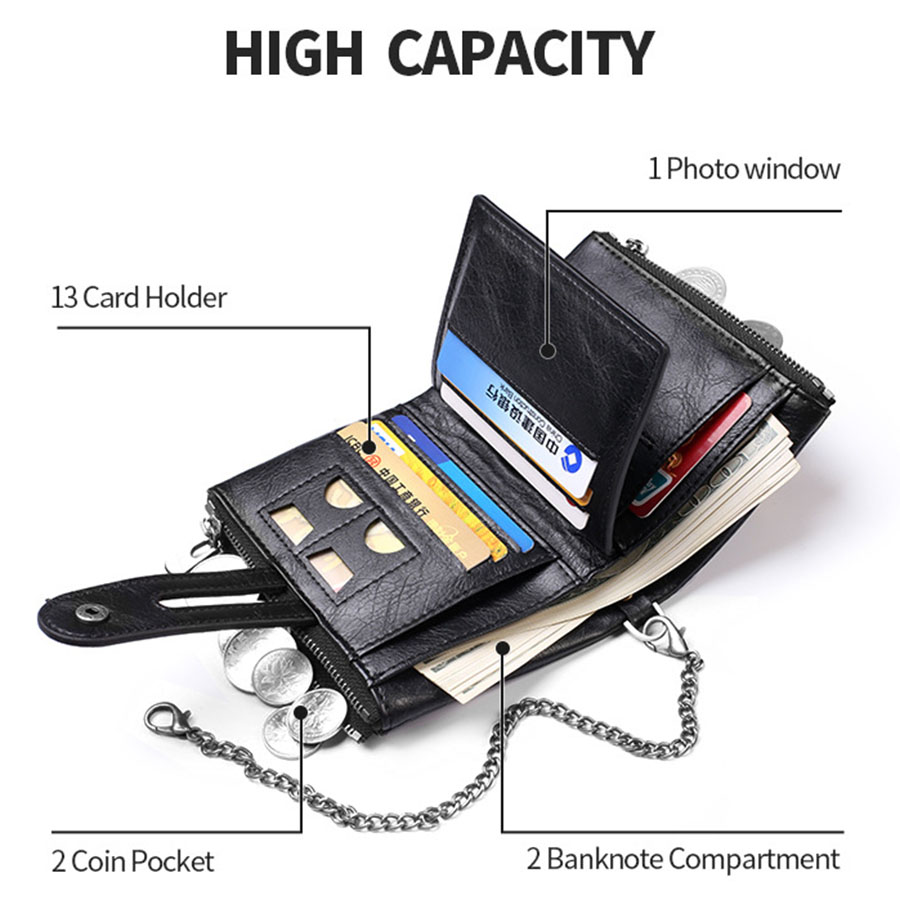 メンズ チェーンウォレット RFID 盗難防止 メンズ レトロ レザー ウォレット ダブルジッパー コインケース クレジットカードホルダー 男性と女性用