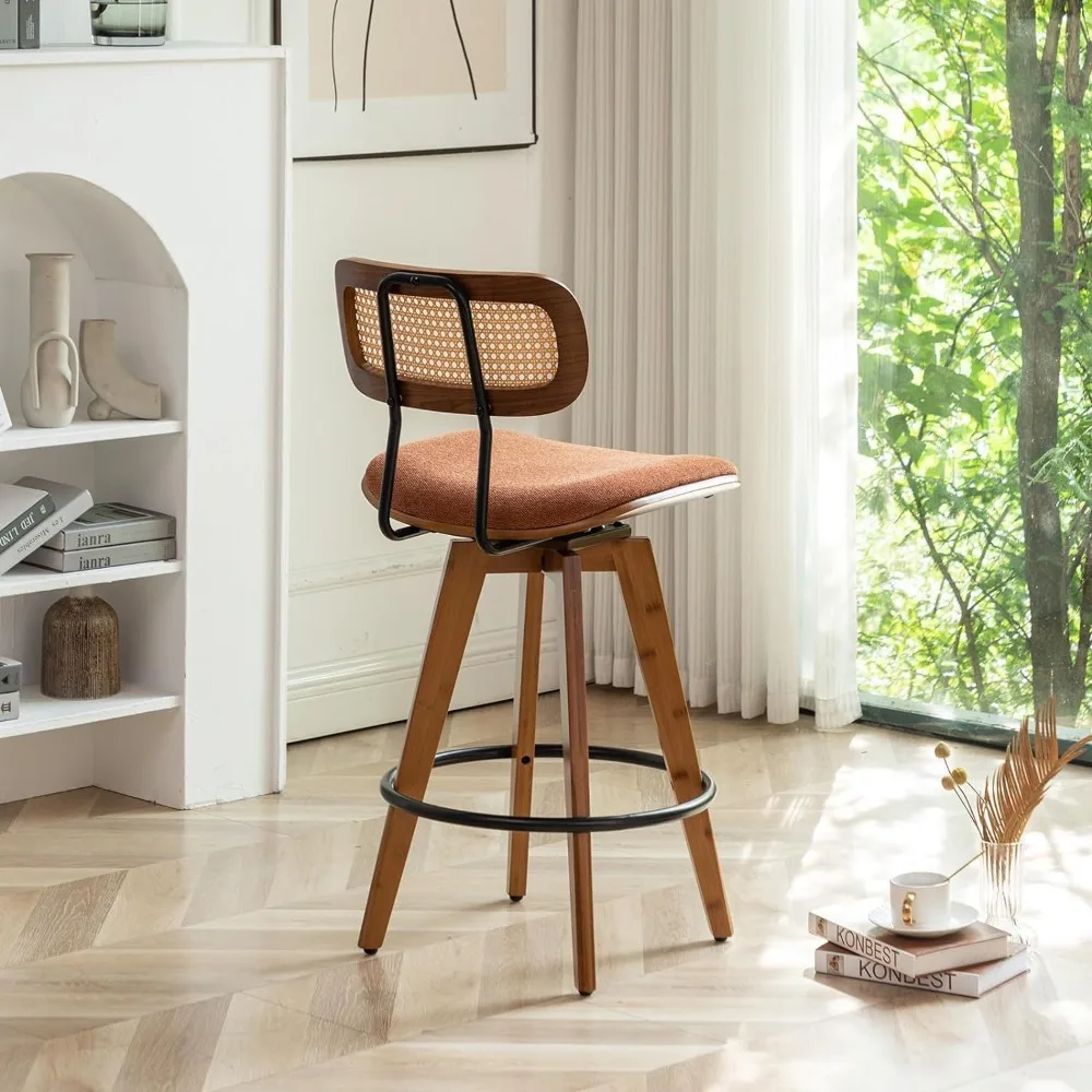 26" Rattan Bar Stools Set of 2 Linen Fabric Counter Height Swivel Barstools with Rattan Backrest and Wooden Legs,Armless Mid Cen