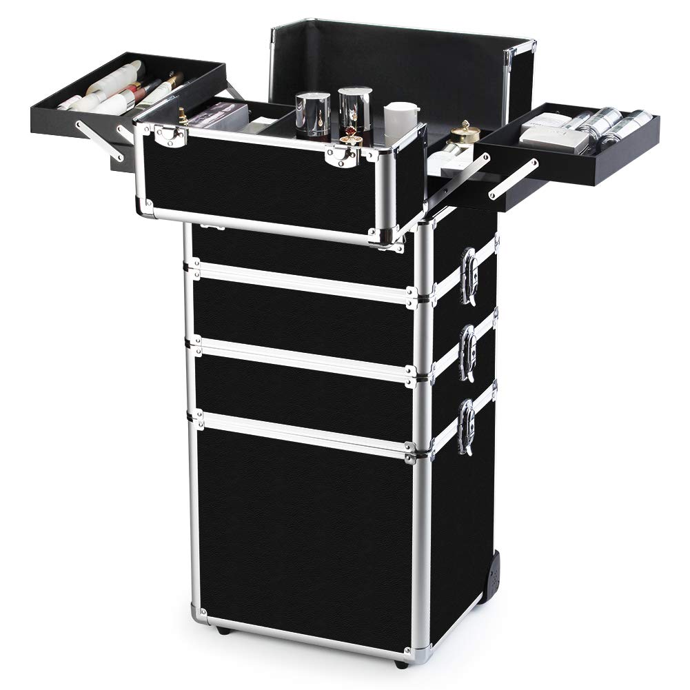 Makeup Rolling Train Case 4-in-1 Professional Artist Trolley Cosmetic Organizer with 2 Wheels Durable Aluminum Frame