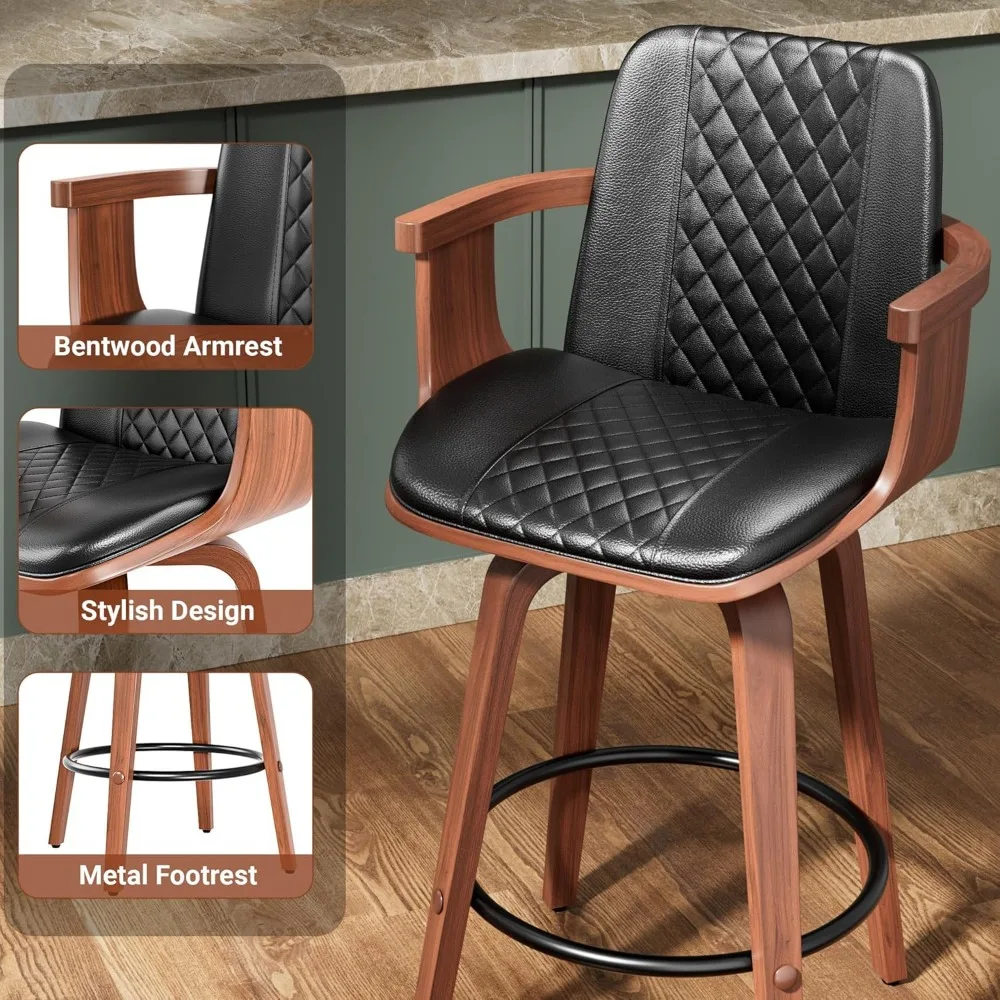 Bar Stools Set of 4, 26" Bentwood Barstools with Wooden Arms,Counter Height Swivel Bar Chairs PU Leather with High Back,Footrest
