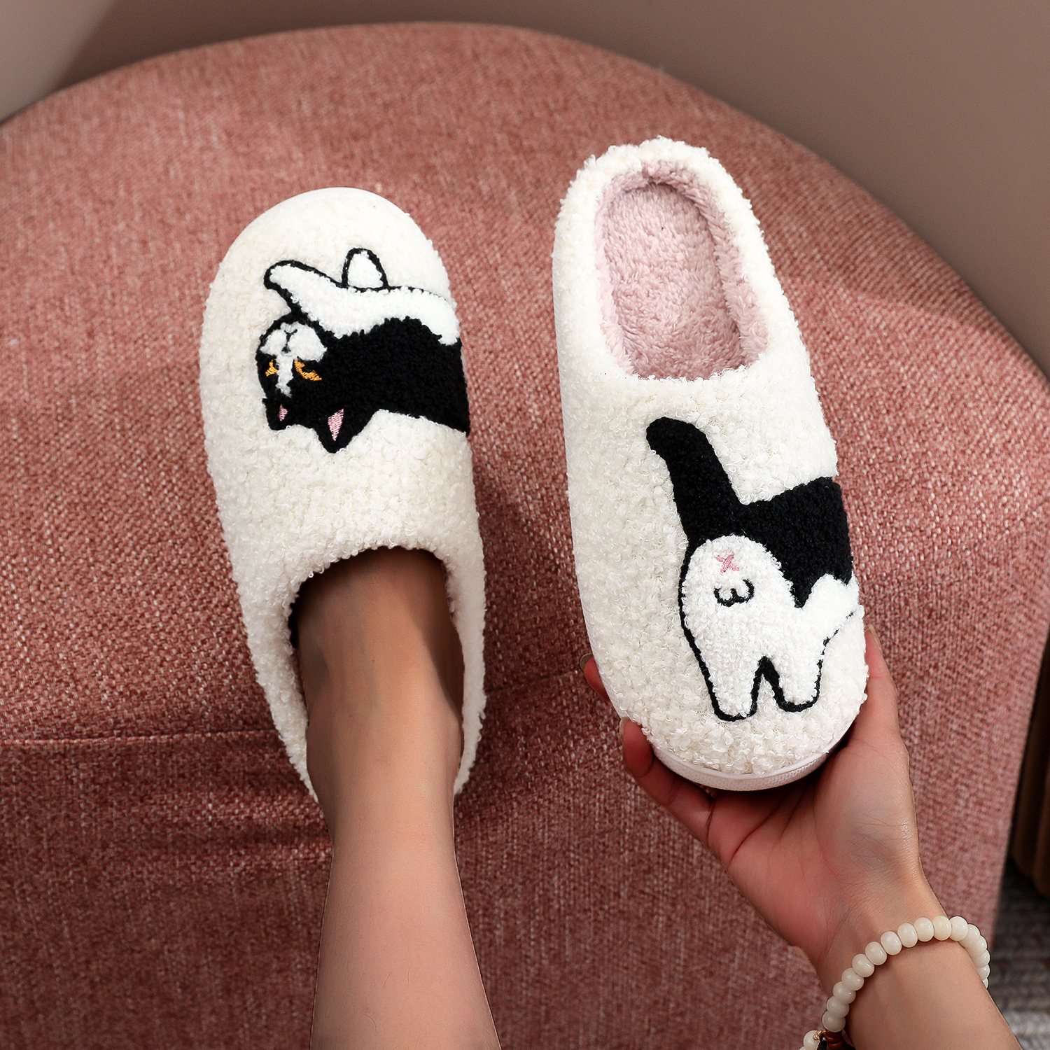 Koe Kat Huisdier Patroon Borduren gevuld Thuis Platform Gezellige Wol Katoen Slippers Schattig Warm Antislip Indoor Slippers Huisdier Moeder Cadeau Catman Mannen Vrouwen kunnen dragen