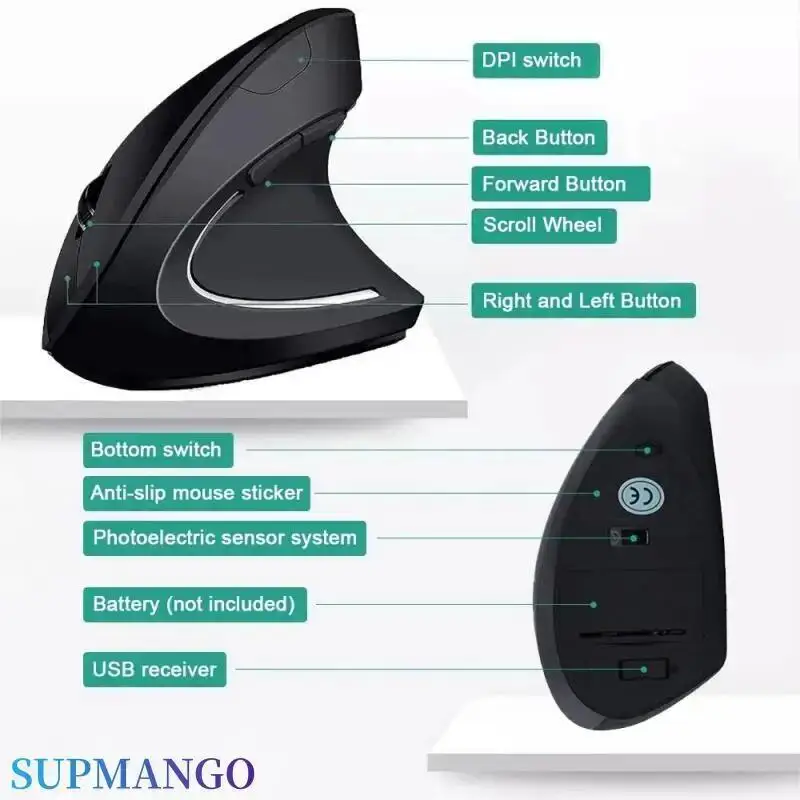 Mouse verticale Mouse ottico wireless ergonomico da 2,4 GHz 3 DPI regolabili 800/1200/1600 6 pulsanti per PC portatile Computer desktop