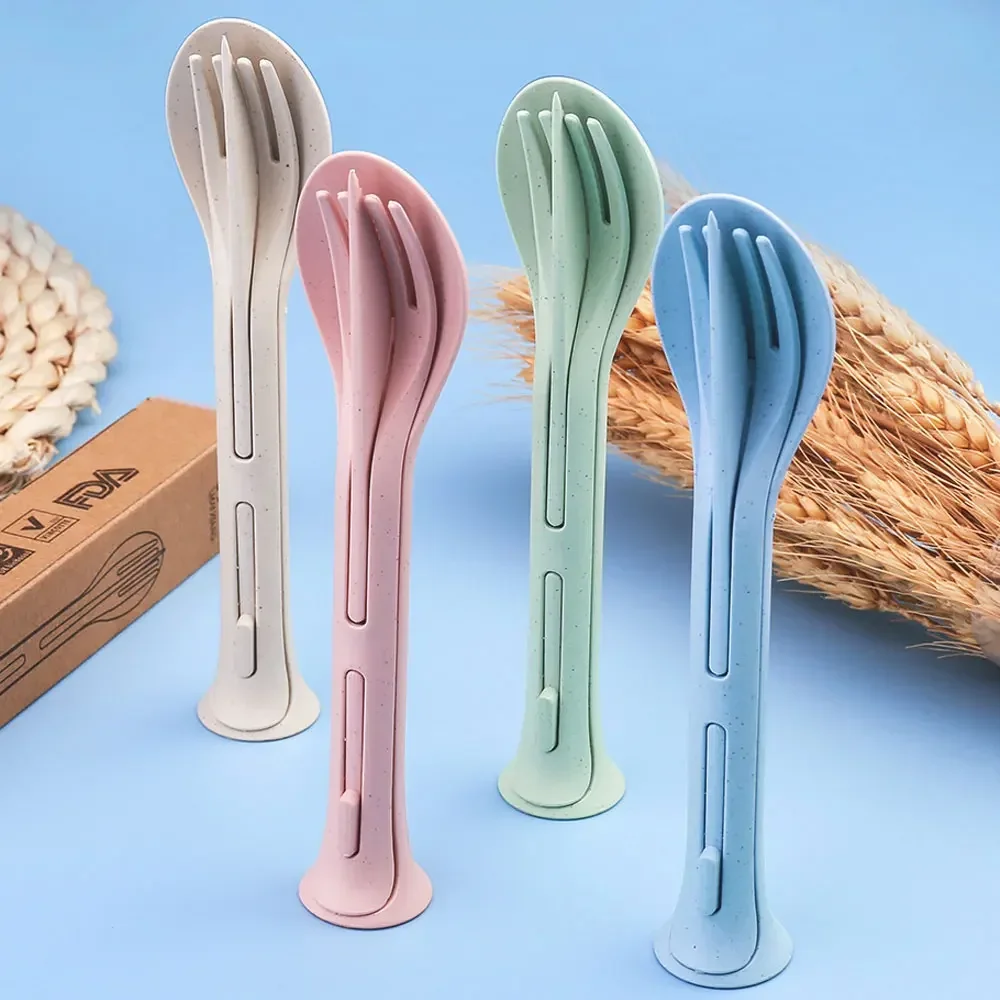 Juego de vajilla portátil de 3 uds., vajilla de paja de trigo, cubiertos desmontables, vajilla de viaje, juego de vajilla para Picnic, juego de cubiertos para acampar
