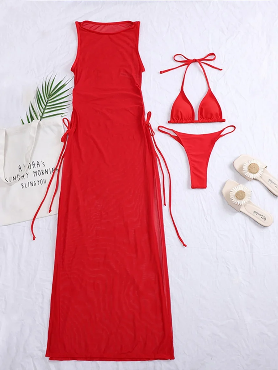 Bikini string avec robe pour femme, maillot de bain femme, maillot de bain monochrome, vêtements de plage, natation trempée, été, 3 pièces, 2024