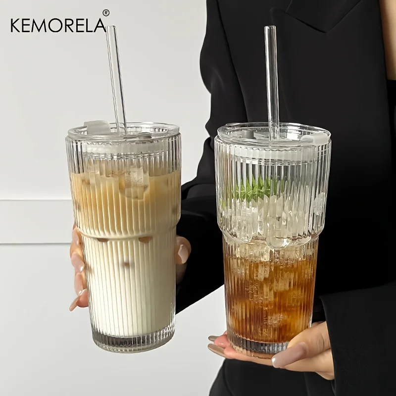 Taza de café de vidrio a rayas de 600ML con tapa y sin tapa, vasos transparentes con pajita para tazas de café helado, vasos