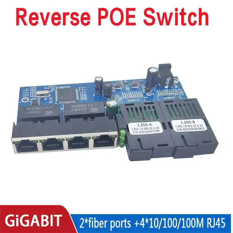 Reverse POE switch 4RJ45 2 fiber 2F4GE Gigabit Ethernet switch media converter Fiber Optical UTP Port 10/100/1000M PCBA