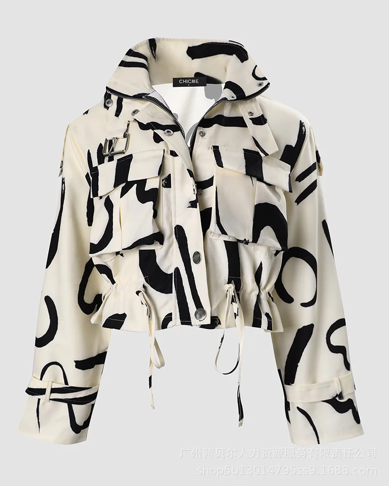 2023 Herbst Frauen geometrische Jacken Tops Vintage Print Langarm Knopf Jacke Mantel Damen Freizeit Oberbekleidung kurze Tops
