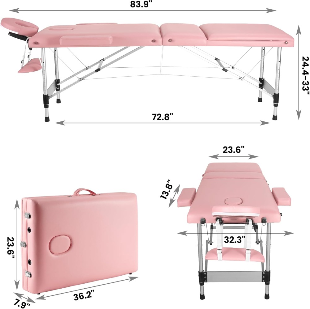 Massage Table Professional Massge Bed 3 Fold 82 Inches Height Adjustable