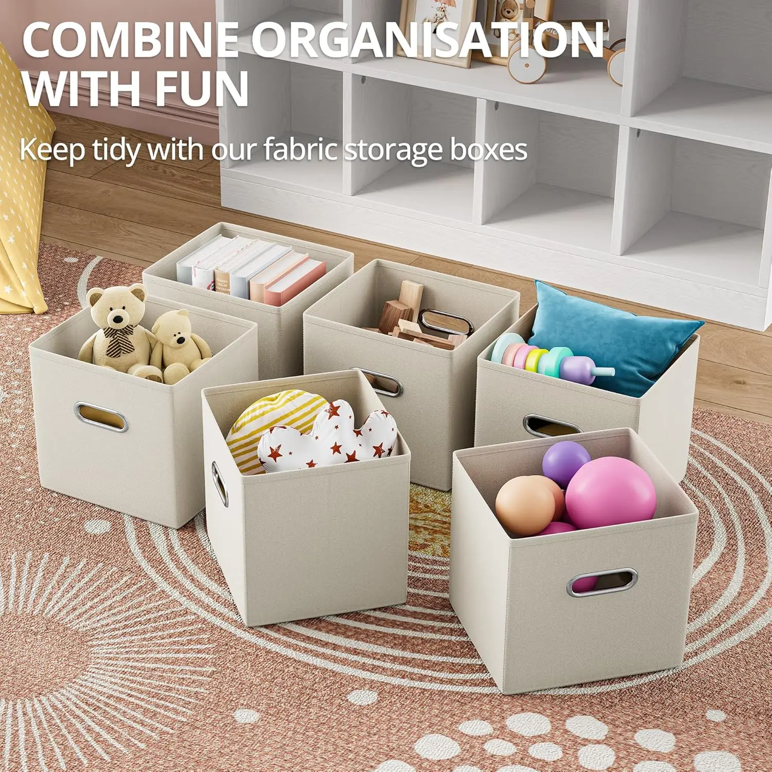 IRONCK Wooden 12-Cube Storage Organizer Shelf with 6 Bins, Toy Storage and Bookshelf, 3-Tier Open Bookcase Cubby for Kids, Beige