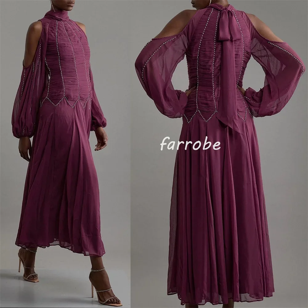 ที่กําหนดเองซับซ้อนประณีตชีฟองจีบ Draped Rhinestone A-Line คอ Midi ชุด Bespoke โอกาสชุด Pastrol