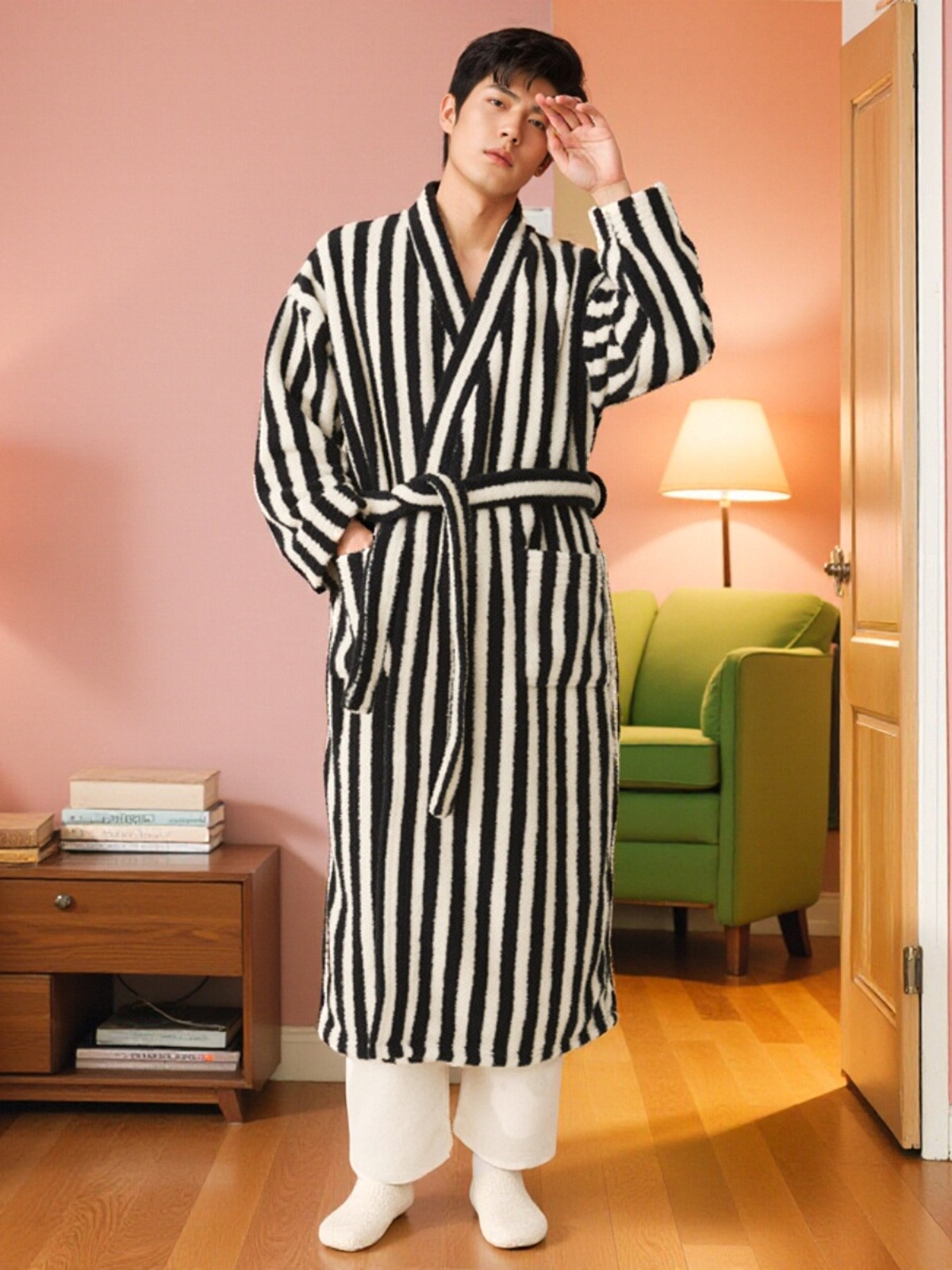 Couples Plush Sleepwear Coral Velvet Morning Bathrobe Long Thick Home Clothes Youth Winter Season Striped Pattern Couples Robe