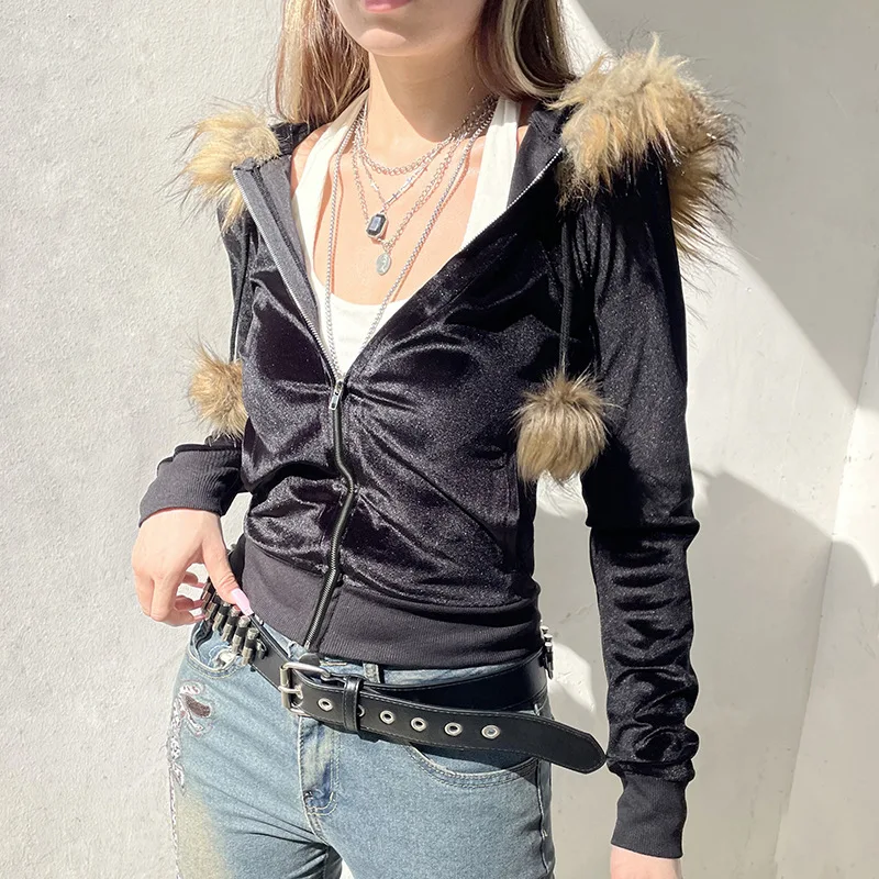 Goth escuro 90s estética macio veludo zip moletom com capuz cyber y2k gola falsa bolso casacos com capuz feminino fino streetwear gótico