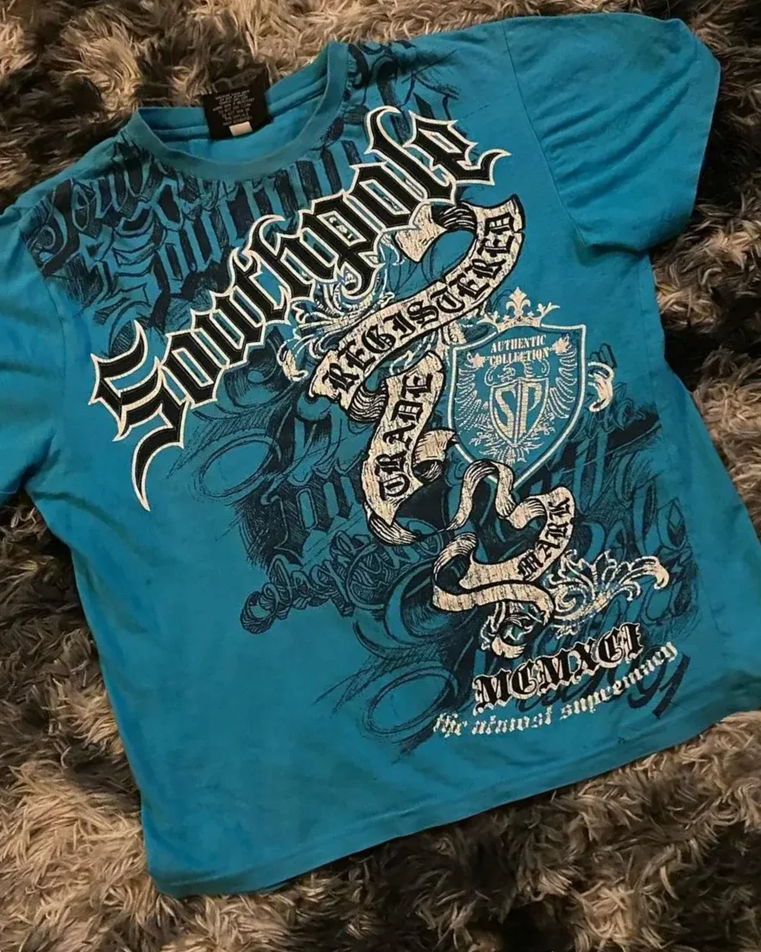 レトロブルーゴシック柄プリントヒップホップストリートファッション Y2K プラスサイズ Tシャツラウンドネック半袖女性カップルカップルトップ