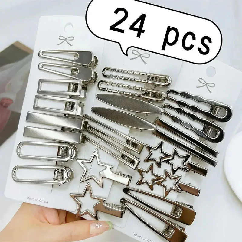 24 pz/set forcine in metallo argento per le donne ragazze stella clip di capelli stili multipli clip a becco d'anatra senza soluzione di continuità accessori per capelli per ragazze