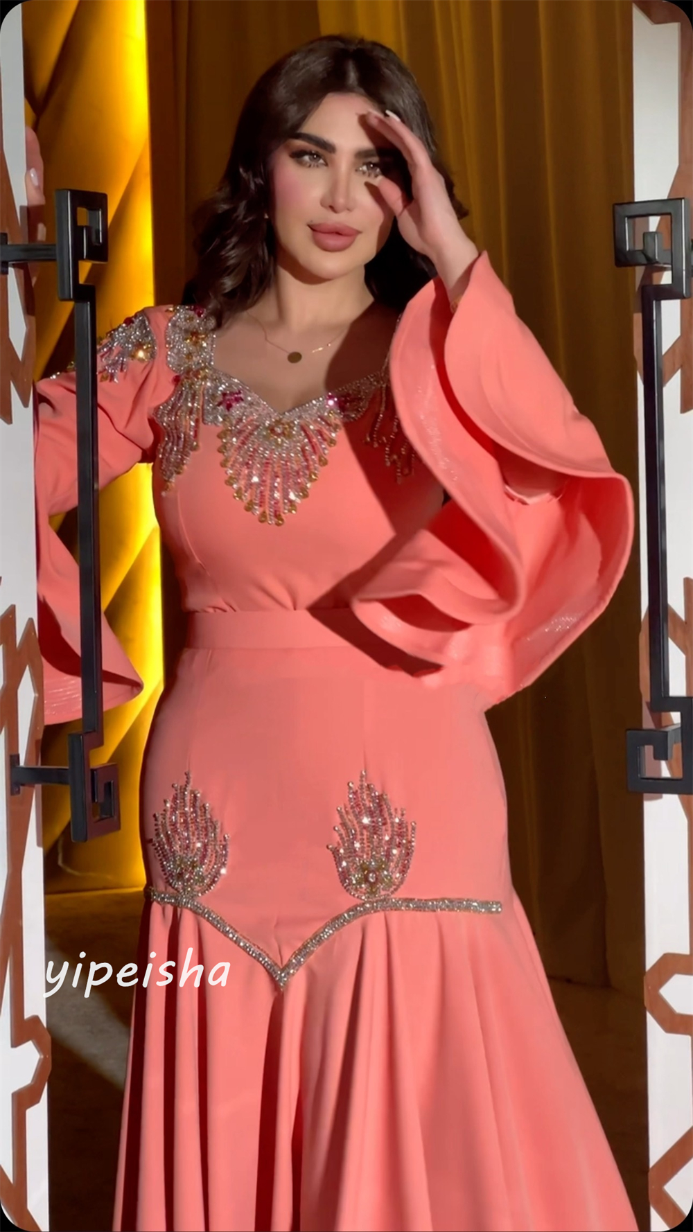 Camisa de noite personalizada com miçangas, babados drapeados, linha a, decote em v, vestido de ocasião sob medida, vestidos midi