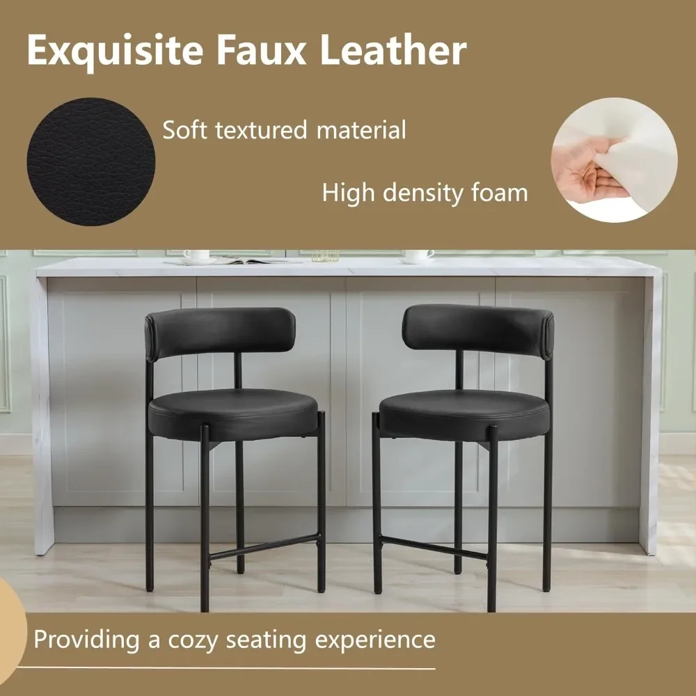 Counter Height Bar Stools, 24'' Black Bar Stools Set of 4, Faux Leather Counter Stools with Back, Mid-Century Modern Bar Stools