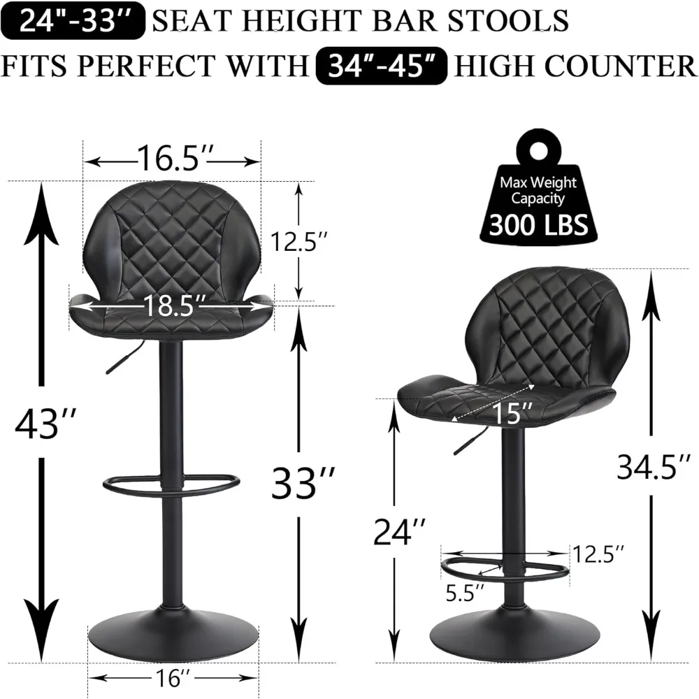 Bar Stools Set of 2,Swivel Bars Stools with Back, Adjustable Bars Stool 24"-33", Faux Leather Upholstered Bar Stool