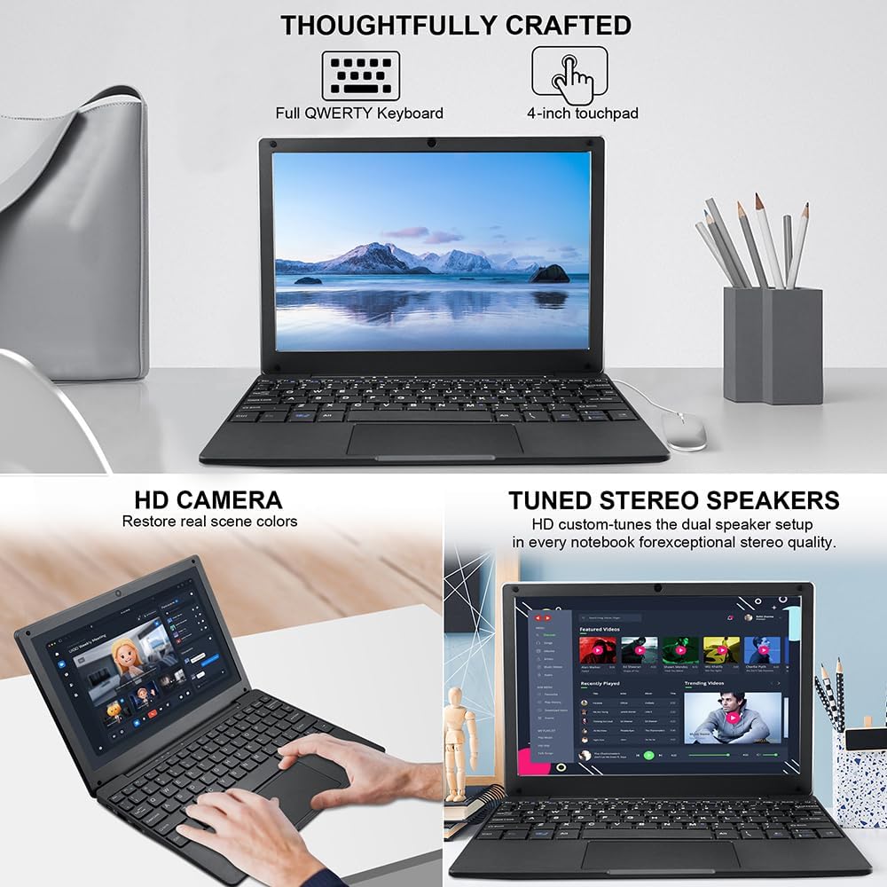 Computador portátil de 10,1 polegadas Windows 10 OS pré-instalado Quad Core 8 GB + 64 GB Netbook HDMI Webcam Office (preto)