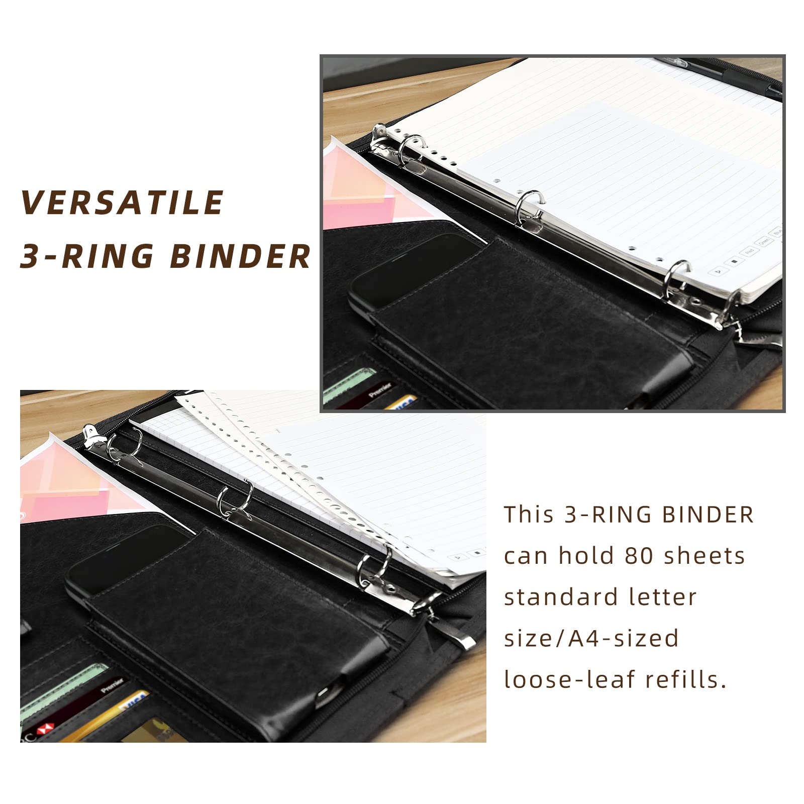 Portfolio-Organizer mit Reißverschluss, Leder-Padfolio mit 3-Ring-Ordner, Business-Ordner-Organizer für IPad/Dokumente, Bürogeschenke, NEWYES