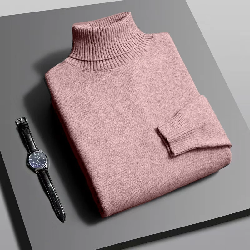 Otoño para hombre de alta calidad de punto suéter de cuello alto ajustado de manga larga anti-pilling jersey Color sólido tendencia hombres Streetwea
