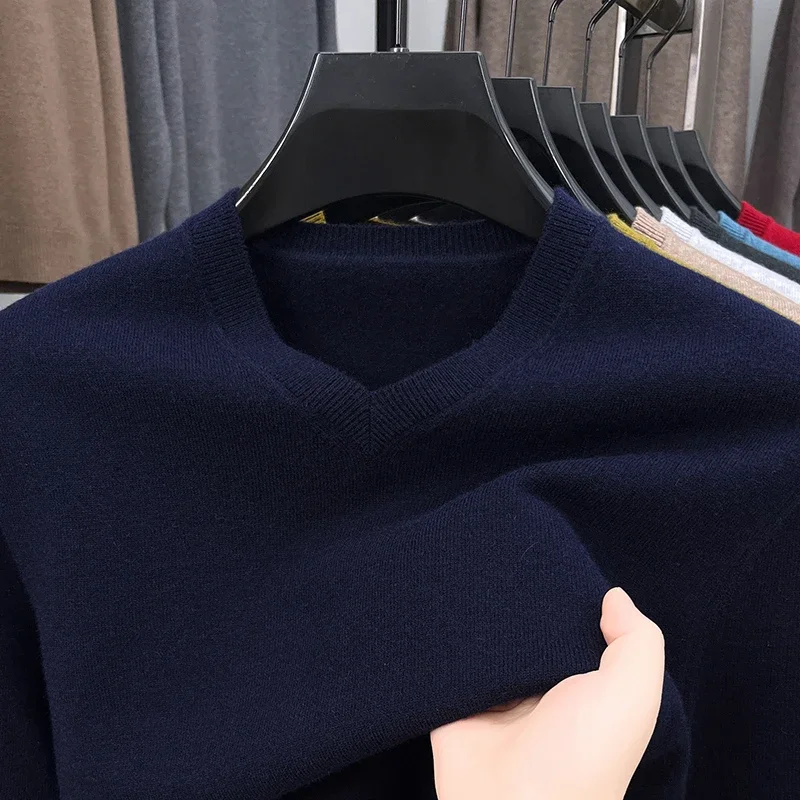 Novo moletom masculino com decote em v básico cor sólida suéteres em torno do pescoço pullovers elásticos quente outono malha camisola de grandes dimensões
