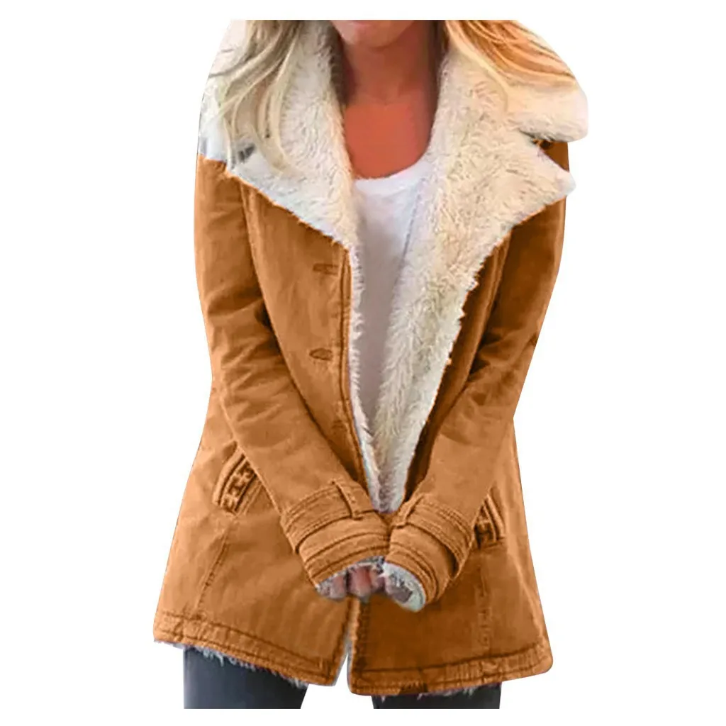 Frauen Herbst Winter Einfarbig Plüsch Revers Mantel Jacke Mode Lässig Parka Jacke