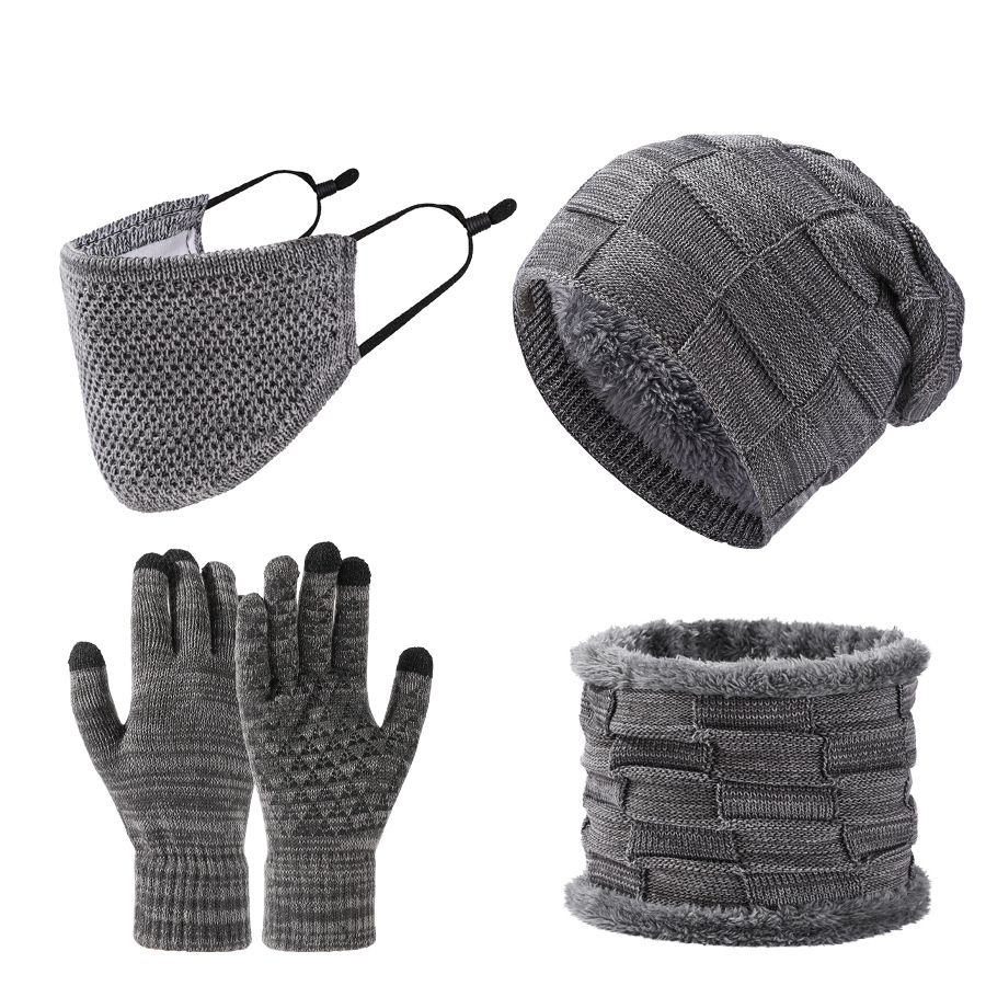 Autumn Winter Men Fleece-Lined Knitted Hat+Scarf+Mask+Gloves 4 Pieces Set Women Soft Thick Warm Multi Piece Set