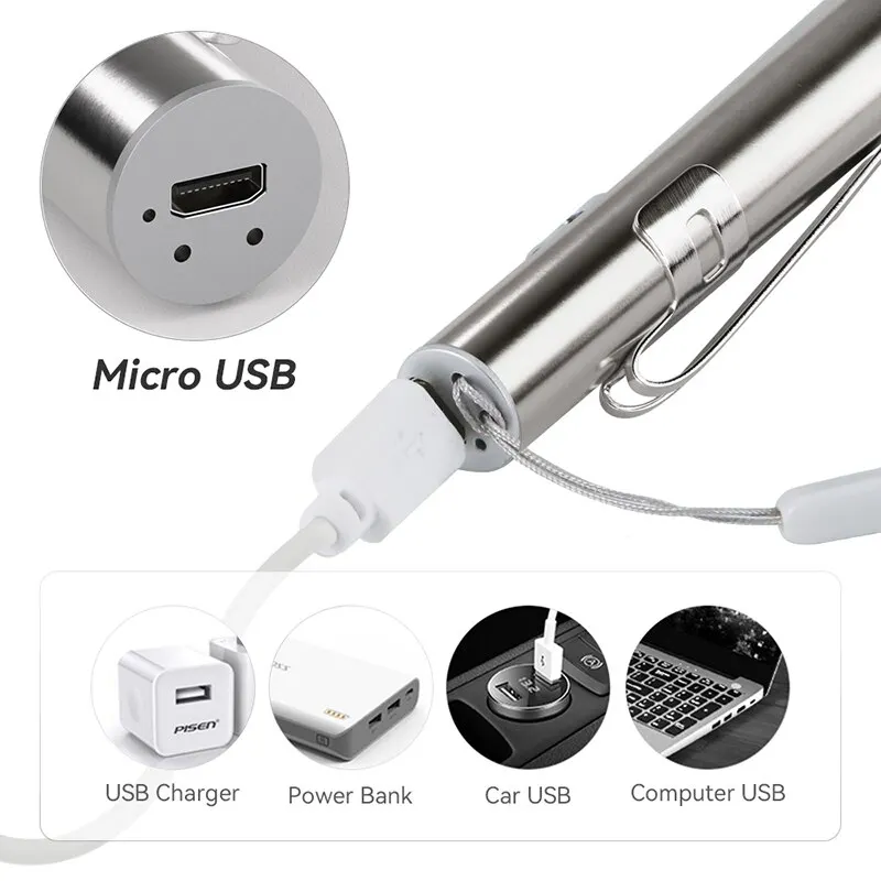 미니 휴대용 의료 핸디 LED 펜 라이트 손전등, USB 충전식 치과 의사 간호사 토치, 스테인레스 스틸 클립 포함