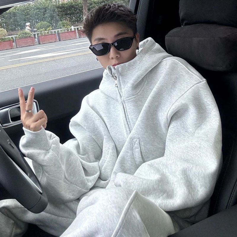 Conjunto de Mole Masculino de Inverno com Forro de Lã, Ajuste Solto, com Capuz e Calça de Perna Reta, Roupa Casual de Duas...