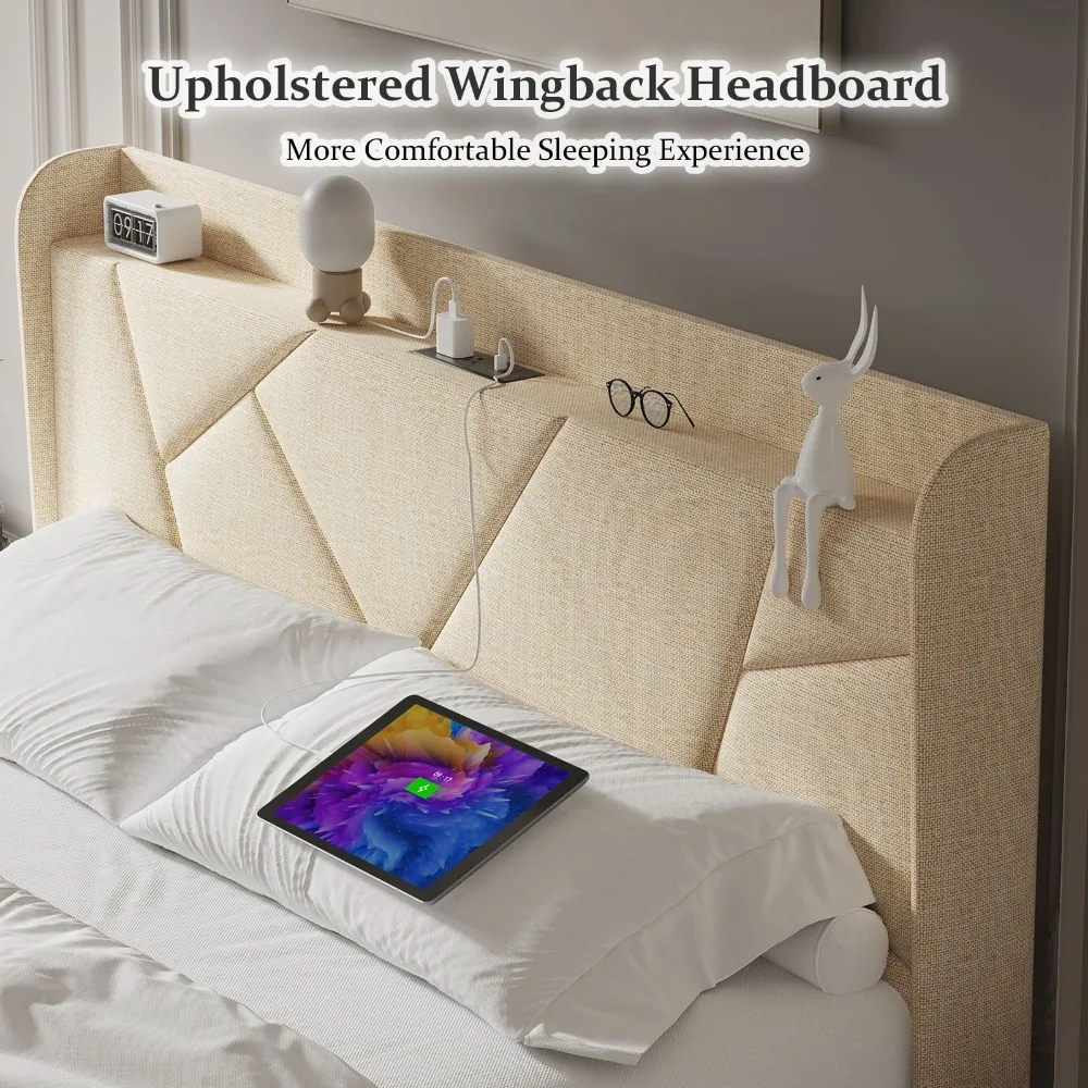 Queen Bed Frame with Charging Station, Upholstered Platform Bed with Wingback Storage Headboard, Beige