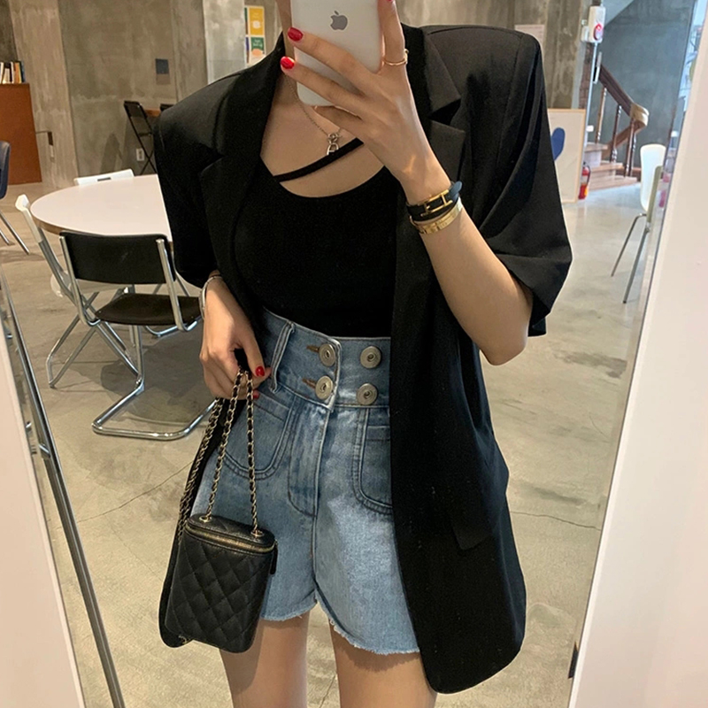 Jaqueta de Terno mata Retro com Design de Costas Abertas e Manga Curta Solta Estilo Versátil Chic Casual para Mulheres