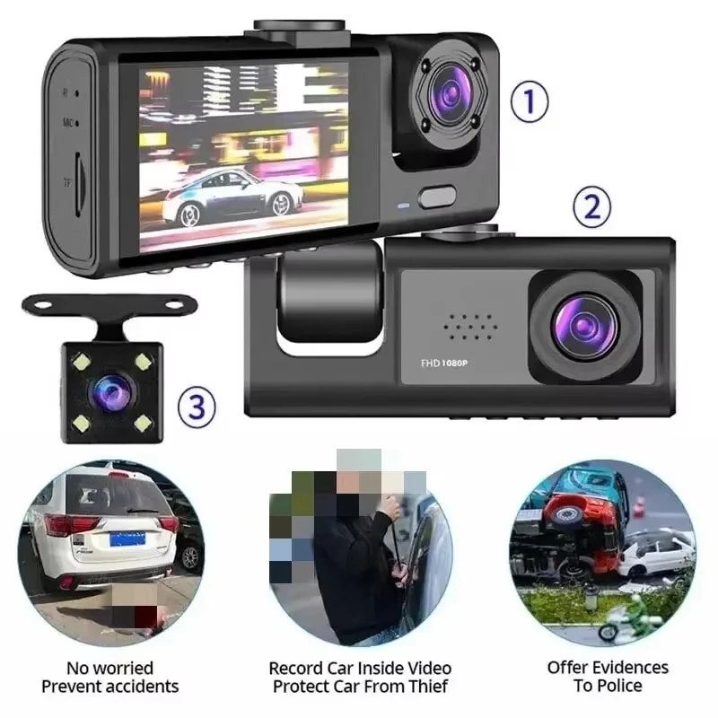 Dash Cam 1080P 3 Channel Car DVR with Night Vision Loop Recording IPS Screen Interior and Cabin Camera Recorder