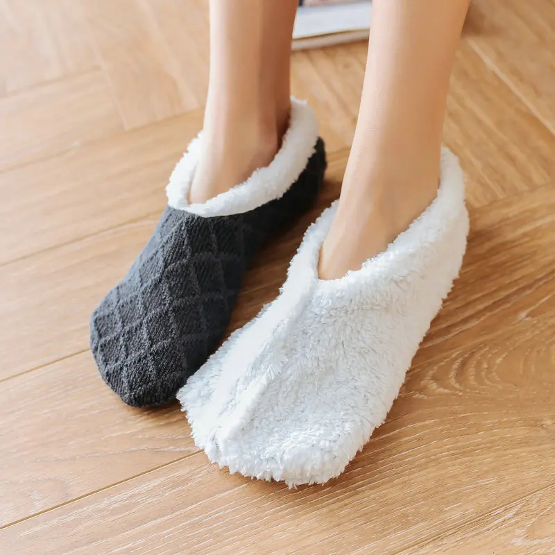 Clearance_Calcetines gruesos cálidos de invierno para mujer, antideslizantes, alfombra para el suelo del hogar, calcetines peludos, lana de cordero, terciopelo, colores sólidos, calcetines para dormir en interiores