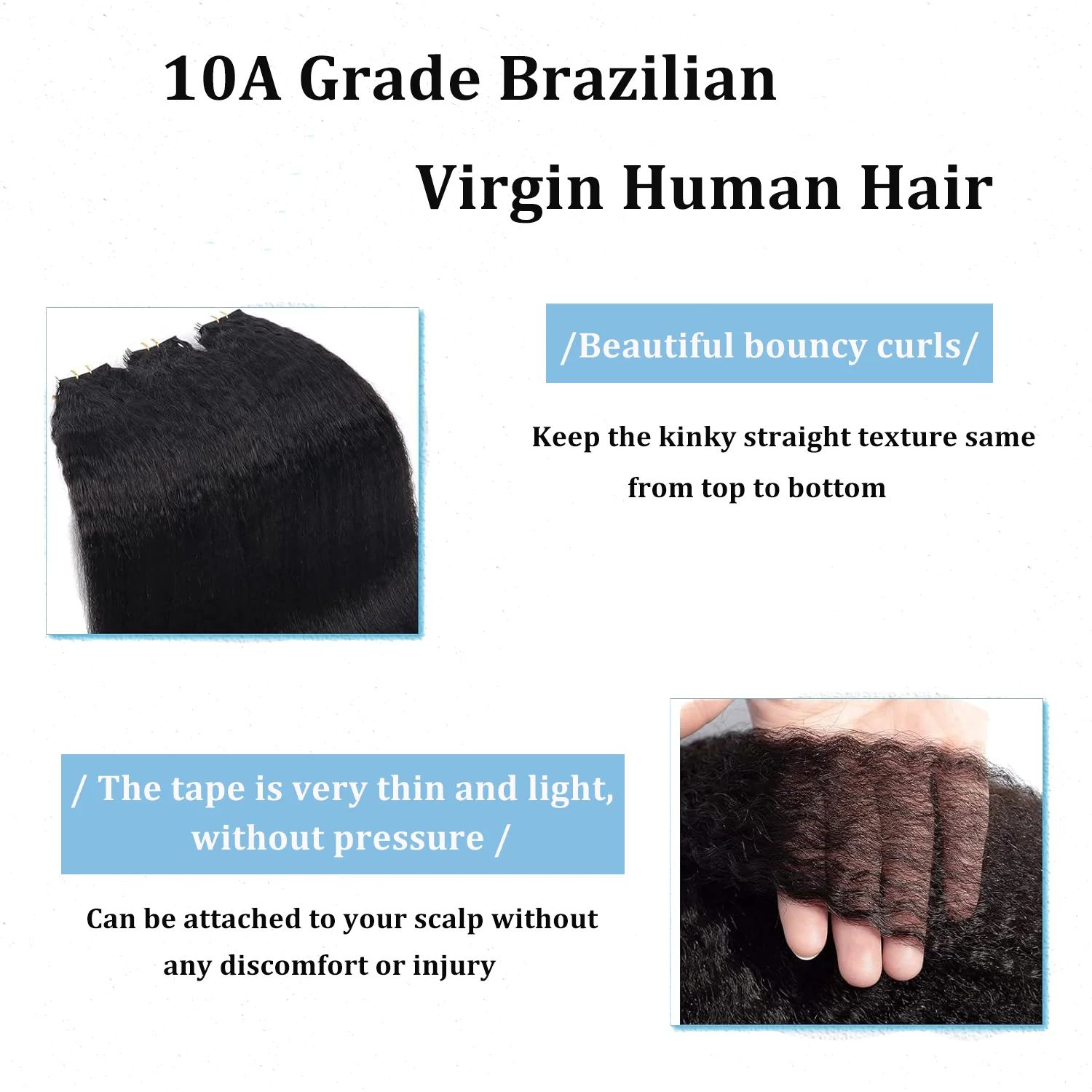 เทปใน Kinky ตรงต่อผมมนุษย์บราซิลผมกาว Extensions Weft ผิวสีดํา 100% ผมมนุษย์จริงสําหรับผู้หญิง