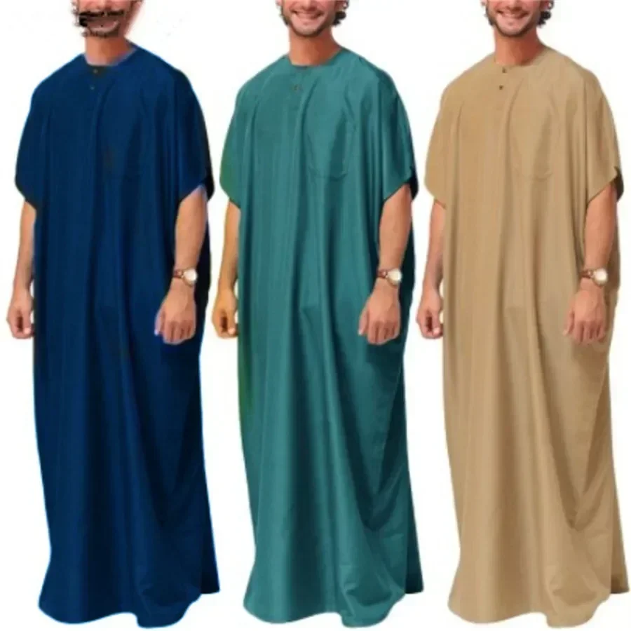 Novo verão muçulmano médio oriente árabe dubai vestido malásia cor sólida manga curta vestido longo muçulmano robe roupas casuais masculinas