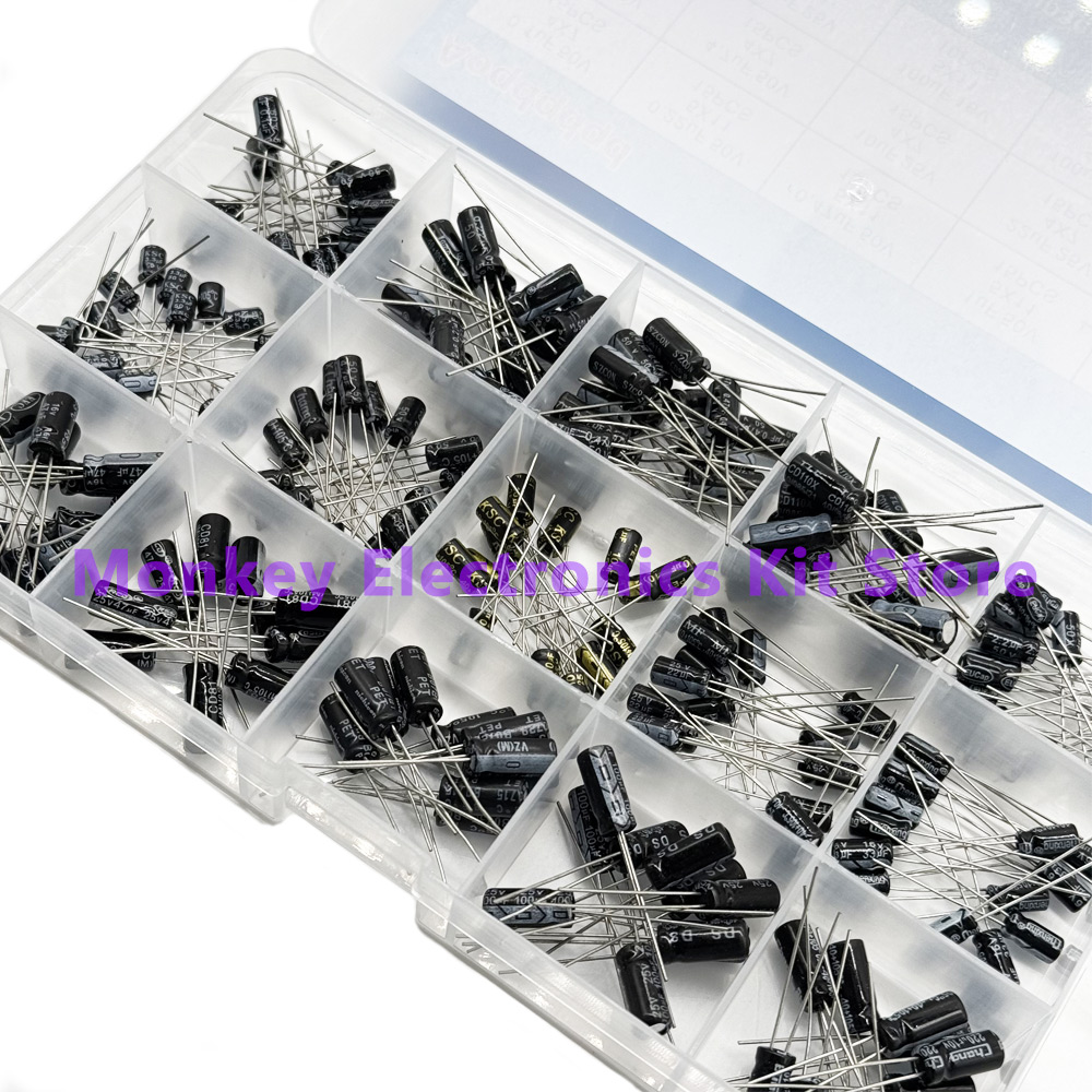 200 unids/lote 15 valores 10V 16V 25V 50V 0,1uF-220uF 0,22uf 2,2uf 100uf juego de condensadores radiales Kit surtido de condensadores electrolíticos