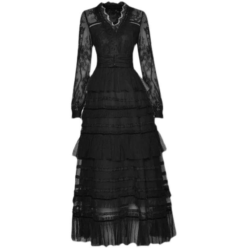 Vネック長袖ふくらんでいるドレス、ウエスト付きビーズレース、フリルケーキスカート、小さな黒いメッシュ、テーラーショップ