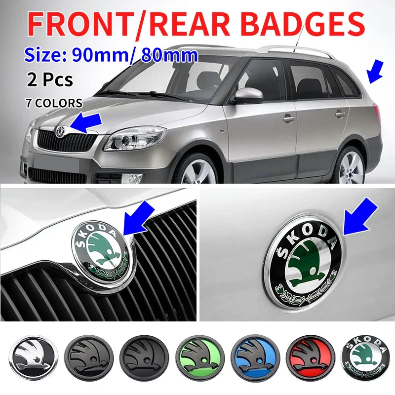 2 шт., 80 мм/90 мм, 3D эмблема автомобиля, значок капота, передний и задний багажник, логотип для Skoda Fabia 1 2 Octavia a7 RS Superb Rapid Yeti Karoq Vision