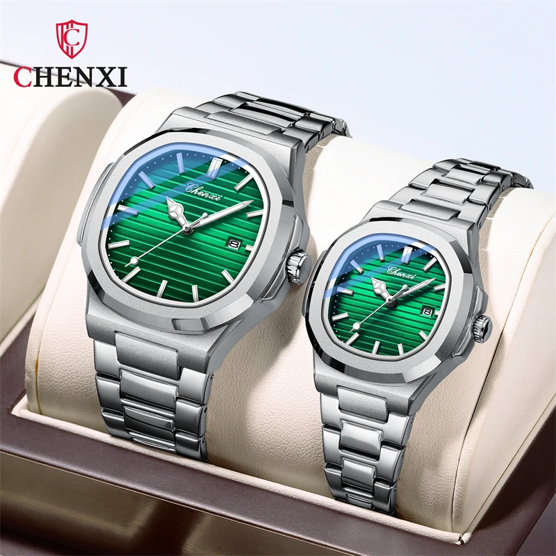 Chenxi 8222 moda casal relógio de quartzo à prova dwaterproof água luz noturna data pulseira de aço inoxidável casual data relógio masculino e feminino