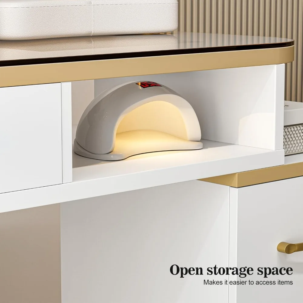 Manicure Table for Nail Tech, Glass Top Nail Desk Station w/4 Drawers & 2-Tier Storage Shelves, Salon Beauty Workstation