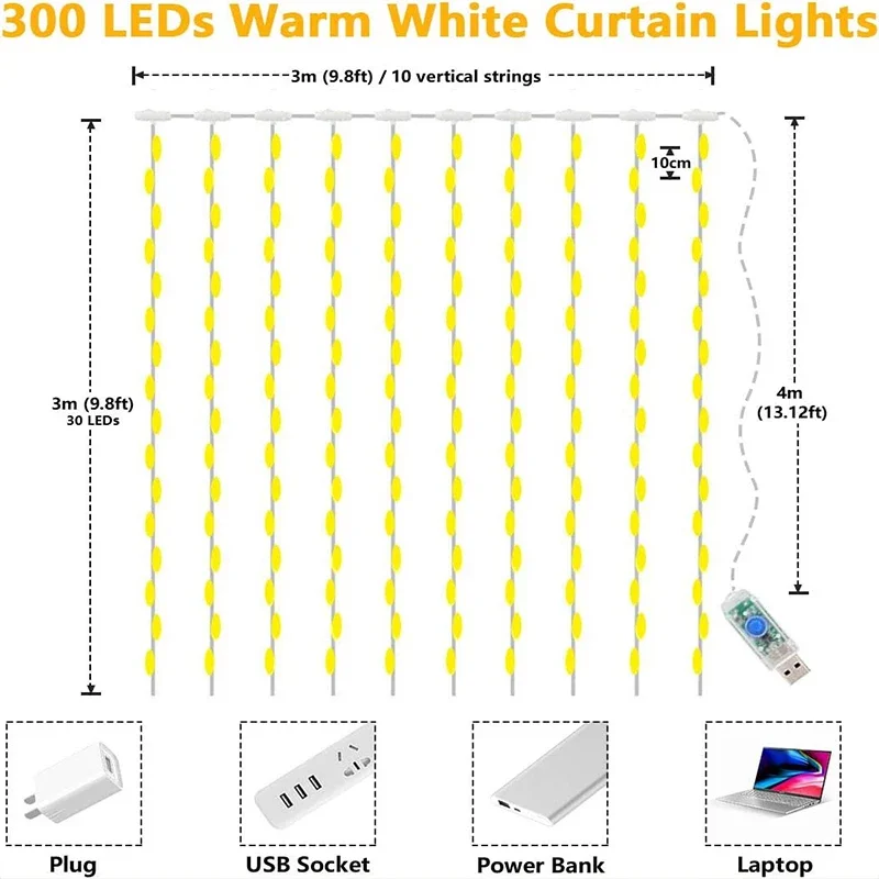 LED 커튼 스트링 조명, 요정 장식, USB 휴일 화환 램프, 홈 가든 크리스마스 파티, 새해 결혼식용, 8 가지 모드, 3M