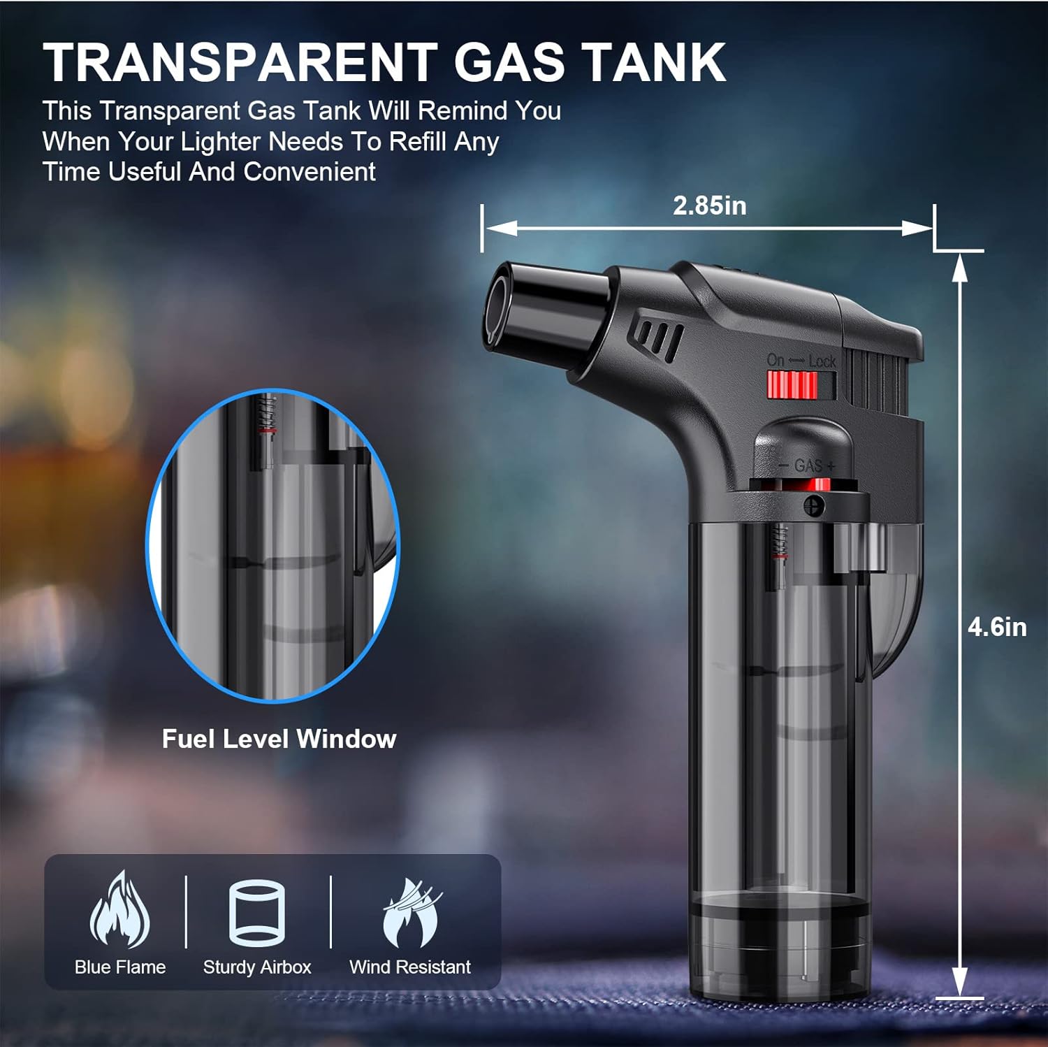 Torch Lighter, Jet Flame Lighter Refillable Gas Butane Lighter with Visible Fuel Tank, Windproof Adjustable Flame for Kitchen