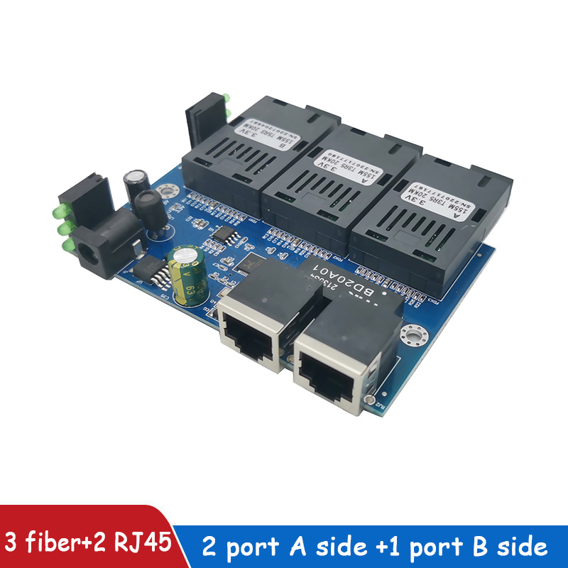 Convertidor de interruptor Ethernet rápido 3F2E, convertidor de medios de fibra óptica Ethernet de 20KM, modo único, 2 RJ45, 3 puertos de fibra SC, 10/100M